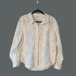 Spartina 449 Linen Button Down Lightweight Top Large Floral Coastal Beachy